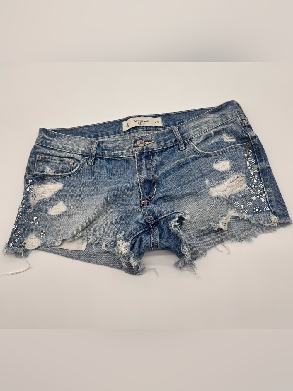 Abercrombie & Fitch Distressed Light Blue Denim Cutoff Shorts Y2K Crystal design